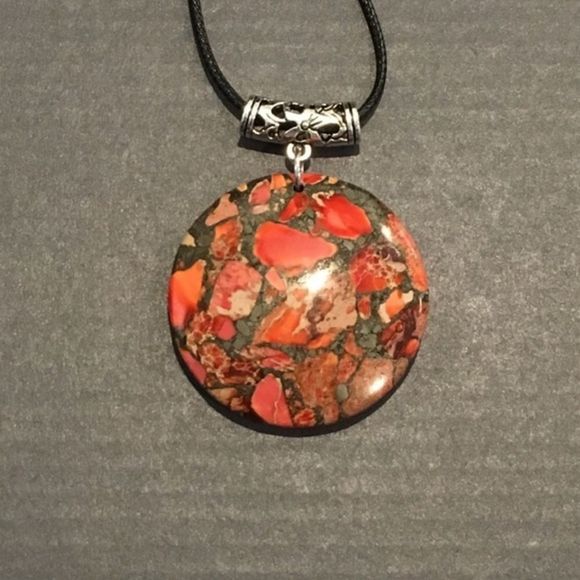M Orange Grey Jasper Pyrite Pendant on Waxed Necklace w/ Lobster Claw Clasp - Picture 4 of 9